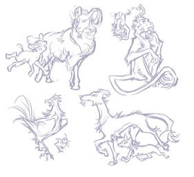 2_horns 4_toes age_difference alternate_species animal_genitalia anisodactyl annoyed avian_caruncle barely_visible_genitalia barely_visible_sheath beak biped bipedal_feral comb_(anatomy) curled_horn dewlap_(anatomy) digitigrade duo eyelashes fangs feathered_wings feathers feet female female_feral feral floppy_ears fully_sheathed fur genitals head_crest hooves horn larger_male male male_feral mouth_closed nonsexualized_young older_male open_mouth open_smile quadruped running sheath sitting size_difference smaller_female smile snout tail teeth toes unguligrade upside_down walking wattle wings wool_(fur) young young_female young_feral younger_female softending chinese_zodiac year_of_the_dog year_of_the_goat year_of_the_monkey year_of_the_rooster captain_(softending) hisa_(softending) avian bird bovid canid canine canis caprine chicken domestic_dog fox galliform goat haplorhine mammal monkey phasianid primate 2026 greyscale hi_res monochrome multiple_images sketch