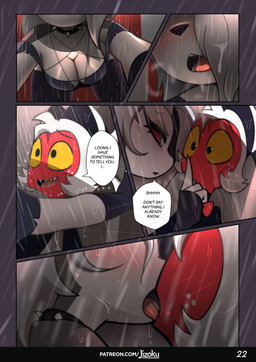 anthro breasts cleavage clothed clothing duo female french_kissing kissing male male/female speech_bubble text wet jizoku hellaverse helluva_boss mythology loona_(helluva_boss) moxxie_(helluva_boss) canid canid_demon canine demon demon_humanoid hellhound humanoid imp mammal mythological_canine mythological_creature 2026 absurd_res comic english_text hi_res url