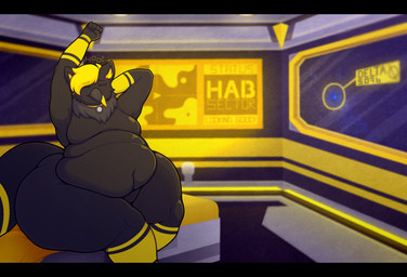anthro bed big_ears black_bars collar collar_only crossed_legs eyes_closed femboy furniture futuristic hoot_(sound_effect) male moobs neck_tuft nude obese on_bed overweight science_fiction screen sitting sitting_on_bed solo space spacecraft spaceship_interior stretching tail thick_thighs tired tongue tongue_out tuft vehicle waking_up wide_hips thefoxydragon mythology jyri_(mikimeowl) meowl avian bird gryphon mythological_avian mythological_creature owl hi_res letterbox