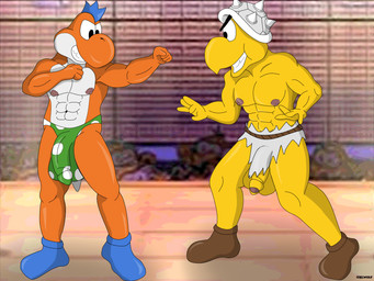 anthro armor balls balls_outline big_balls big_nipples big_penis boots bottomwear bulge clothing detailed_bulge duo fighting_pose fighting_ring flaccid footwear foreskin genital_outline genitals headgear helmet ineffective_clothing ineffective_loincloth loincloth male male/male muscular muscular_anthro muscular_male nipples orange_body penis penis_outline pose prehistoric shoes teeth thong underwear white_eyes yellow_body ciel-wolf mario_bros mythology nintendo paper_mario paper_mario:_the_thousand_year_door jr_troopa the_great_gonzales_jr dinosaur dragon koopa koopa_troopa mythological_creature mythological_scalie orange_yoshi prehistoric_species reptile scalie tortoise turtle yoshi 4:3 hi_res