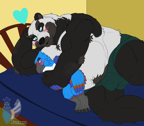 beard bed bed_covers bedding bedroom boyfriend/boyfriend claws cuddling facial_hair from_behind_position furniture sex size_difference toe_claws avian hi_res