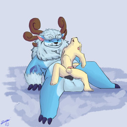 3_toes abdominal_bulge anal anal_penetration animal_genitalia animal_penis anthro antlers balls belly black_sclera blue_body blue_eyes blue_fur claws duo eyebrows eyes_closed feet finger_claws fur fur_markings genitals horn humanoid_genitalia humanoid_penis knot looking_at_another looking_at_partner looking_up male male/male mane markings open_mouth overweight overweight_anthro overweight_male penetration penis pink_inner_ear pink_penis red_nose simple_background sitting size_difference slim smaller_penetrated smile text thick_eyebrows toe_claws toes tusks whisker_spots white_background white_body white_eyebrows white_fur yellow_body yellow_fur demi_owo league_of_legends riot_games tencent demi_(demi_owo) willump_(lol) canid canine fennec_fox fox hybrid mammal mustelid otter true_fox yeti 1:1 2025 artist_name digital_drawing_(artwork) digital_media_(artwork) full-length_portrait hi_res portrait shaded signature