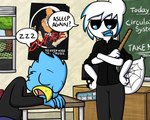 age_difference anthro classroom clothed clothing duo female male school sleeping sound_effects student teacher text vowelless vowelless_sound_effect young young_anthro zzz pokefound da_silva klace_(pokefound) lucy_fischer arachnid arthropod avian bird spider 5:4 english_text