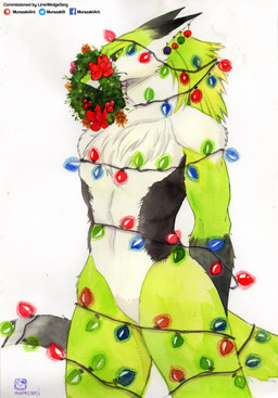 anthro bdsm biped bondage bound christmas_decorations christmas_lights frown fur garland hair looking_at_viewer male nude simple_background solo standing string_light_bondage string_lights tail white_background white_body white_fur murazaki mammal sergal absurd_res hi_res traditional_media_(artwork)