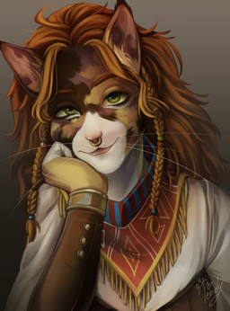 anthro bracelet calico_pattern facial_piercing female green_sclera hair jewelry kerchief lips lower_lip neckerchief neckwear nose_piercing nose_ring orange_hair piercing ring_piercing solo wavy_hair whiskers ttendy tendy calico_cat domestic_cat felid feline felis mammal absurd_res hi_res
