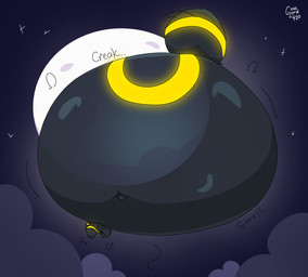 air_inflation ambiguous_gender belly belly_expansion big_belly big_tail black_body black_nose black_sky black_tail body_inflation cloud creaking expansion eyes_closed feral floating huge_belly hyper hyper_belly hyper_inflation immobile inflation markings moon motion_lines night onomatopoeia puffed_cheeks side_view sky solo sound_effects spherical_inflation tail tail_expansion text yellow_markings guzzlord420 nintendo pokemon eeveelution generation_2_pokemon pokemon_(species) umbreon 2025 absurd_res cel_shading colored digital_media_(artwork) hi_res shaded signature