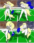 anthro big_breasts blonde_hair blue_eyes breasts female fur genitals group hair hooves navel nipples nude open_mouth pink_nipples pom_poms pussy solo_focus tail unguligrade white_body white_fur sailoranna anna_(sailoranna) equid equine horse mammal comic hi_res