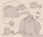 anthro bathrobe bedding blanket clothing groggy male overweight overweight_male pajamas pillow question_mark robe simple_background sleeping solo sound_effects talking_to_viewer text tired vowelless vowelless_sound_effect zzz krunnnnnch animal_crossing nintendo tom_nook_(animal_crossing) canid canine mammal raccoon_dog tanuki 2024 english_text hi_res line_art