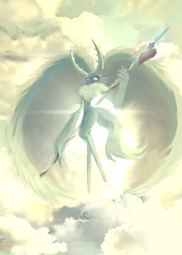 ambiguous_gender antares_(kirby_and_the_forgotten_land) anthro antlers biped chest_tuft cloud cloudy_sky countershading day digitigrade featureless_crotch floating fluffy fluffy_tail fur glowing glowing_eyes head_wings holding_melee_weapon holding_object holding_polearm holding_spear holding_weapon horn huge_wings levitation light looking_at_viewer melee_weapon mouthless multicolored_body multicolored_fur neck_tuft nude_anthro orange_body orange_fur outside polearm pupils sky sky_background solo spear sun sunlight tail tan_body tan_fur teal_body teal_eyes teal_fur tuft unusual_wing_placement weapon wings gemini_kirby kirby_(series) nintendo fecto_elfilis alien chinchilla chinchillid mammal rodent starling_(kirby) absurd_res digital_drawing_(artwork) digital_media_(artwork) digital_painting_(artwork) full-length_portrait hi_res painting_(artwork) portrait three-quarter_portrait