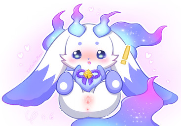 anus bell bell_collar blue_body blue_fire blush blush_lines body_blush chibi clitoris collar colored_fire embarrassed exclamation_point female feral fire genitals heart_symbol humanoid_genitalia humanoid_genitalia_on_feral humanoid_vulva humanoid_vulva_on_feral looking_at_viewer open_mouth presenting presenting_vulva smile solo spread_vulva spreading urethra vulva vulva_blush xiaoyee_moon nijisanji vtuber lunlun_(nijisanji) hi_res signature