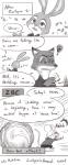 2016 angry anthro bodily_fluids canid canine clothed clothing comic dialogue disney english_text female fox fur half-closed_eyes hi_res judy_hopps lagomorph leporid male mammal micro monochrome mushstone narrowed_eyes nick_wilde rabbit red_fox running scared speech_bubble sweat text true_fox zootopia