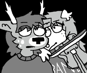 anthro antlers cartoon_freckles clothing duo eye_through_hair facial_piercing fiddle freckled_face freckles fur hair horn male markings nose_piercing parody piercing septum_piercing simple_background spots spotted_face sweater topwear translucent translucent_hair turtleneck normalsville self-portrait_with_death_playing_the_fiddle leo_(normalsville) matthew_(normalsville) borzoi canid canine canis cervine deer domestic_dog hunting_dog mammal sighthound monochrome