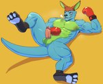 anthro biceps blue_body blue_fur boxing_gloves brown_hair clothing countershading erection fur genitals green_eyes hair handwear humanoid_genitalia humanoid_penis kangaroo_tail male mature_male muscular muscular_male penis solo yellow_body yellow_fur jrjresq animal_crossing nintendo rooney_(animal_crossing) kangaroo macropod mammal marsupial