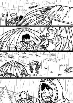 forest hairy male male/male plant raining simple_background tree water weapon wounded husky92 european_mythology greek_mythology mythology bovid bovine humanoid mammal minotaur orc comic hi_res monochrome multiple_scenes