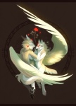 anthro duo eyes_closed feathered_wings feathers female flower flying hair hug long_hair male paws plant romantic romantic_couple rose_(flower) simple_background tail wings lingrimm canid canine canis mammal wolf