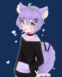 accessory animal_ears blue_eyes clothing food hair hair_accessory hairclip hand_in_pocket hoodie inner_ear_fluff looking_at_viewer male pockets purple_hair solo tail topwear tuft yumemin pocky humanoid
