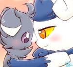 ambiguous_gender bedroom_eyes blue_body blue_fur daww duo female fur grey_body grey_fur half-closed_eyes narrowed_eyes no_pupils orange_eyes purple_eyes purple_sclera seductive simple_background smile white_body white_fur yellow_sclera neko_itachi nintendo pokemon espurr generation_6_pokemon meowstic pokemon_(species)