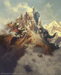 ambiguous_gender biped black_body cloud detailed_background duo feral membrane_(anatomy) membranous_wings mountain outside standing tail wings 88grzes godzilla_(series) hasbro magic:_the_gathering mythology toho wizards_of_the_coast godzilla rodan_(toho) dragon mythological_creature mythological_scalie scalie hi_res official_art