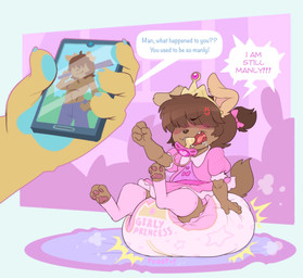 3_toes 4_fingers accessory age_regression ambiguous_gender anthro before_and_after blue_bottomwear blue_claws blue_clothing blue_finger_claws blue_jeans blue_pants blue_pawpads blush blush_lines bodily_fluids bottomwear bow_ribbon brown_body brown_ears brown_fur brown_hair brown_nose brown_tail cellphone claws clothed clothing cloud_emanata color_coded_text cross-popping_vein crown denim denim_bottomwear denim_clothing dialogue diaper diaper_puff dress drooling duo electronics emanata fangs fart feces feet feminization finger_claws fingers fist floppy_ears frilly frilly_clothing frilly_dress fur hair hair_accessory hair_bow hair_over_eyes hair_ribbon hand_on_diaper hand_on_hip headgear holding_object holding_phone humiliation jeans leg_warmers legwear mostly_offscreen_character muscular muscular_anthro navel object_in_mouth pacifier pacifier_in_mouth pants pawpads phone pink_bow pink_clothing pink_dress pink_inner_ear pink_leg_warmers pink_pacifier pink_pawpads plant pointy_speech_bubble ponytail pooping ribbons saliva sharp_teeth shrub sitting sitting_on_diaper sky smartphone smile smirk soiled_diaper soiling soiling_diaper solo_focus sound_effects speech_bubble tail teeth text text_on_diaper tiara toes touching_diaper unclean_diaper used_diaper using_diaper wearing_diaper wetness_indicator yelling yellow_body bubblepuppers andrew_(bodiasexual) bubblegum_(bubblepuppers) ambiguous_species canid canine mammal 2026 english_text hi_res