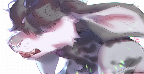 ambiguous_gender anthro barbell_piercing circular_barbell_piercing facial_piercing fangs fur grey_body grey_fur grey_hair hair nose_piercing obscured_eyes open_mouth piercing septum_circular_barbell septum_piercing sharp_teeth short_hair simple_background solo teeth white_body white_fur famir lagomorph leporid mammal rabbit 2025 bust_portrait colored_sketch dated hi_res portrait signature sketch