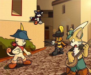 anthro belt boots bottomless building cape claws clothed clothing crown eyes_closed footwear green_eyes group hat headgear headwear loose_feather lute male melee_weapon musical_instrument nude plucked_string_instrument shoes street string_instrument sword tail teeth topless town weapon yellow_eyes coshi-dragonite celtic_mythology dreamworks european_mythology fairy_musketeers final_fantasy final_fantasy_vii mythology nintendo pokemon puss_in_boots_(franchise) shrek_(series) square_enix cait_sith_(ff7) puss_in_boots_(dreamworks) randagio_(fairy_musketeers) cat-sith felid generation_1_pokemon mammal meowth pokemon_(species) crossover