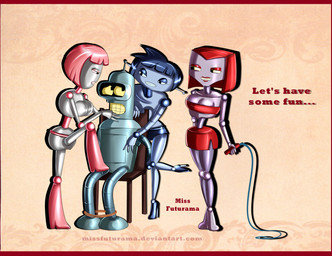 bdsm bondage border bound breasts chair deviantart_username female furniture group machine male male/female red_border text missfuturama comedy_central futurama bender_bending_rodríguez humanoid robot robot_humanoid artist_name english_text hi_res