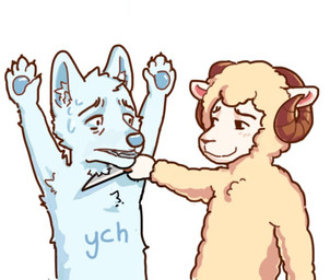 anthro blue_body blue_fur blue_nose bodily_fluids brown_horn duo ears_up eye_contact fur holding_knife holding_melee_weapon holding_object holding_weapon horn knife looking_at_another male male/male melee_weapon open_mouth scared smile smiling_at_another sweat sweatdrop tan_body tan_fur teeth teeth_showing telegram_sticker text threatening threatening_violence threatening_with_weapon weapon wool_(fur) reynard_goodfellow reynard_the_baa ych_(character) bovid canid canine canis caprine mammal sheep