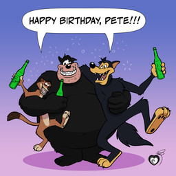 anthro beverage black_body black_fur black_nose brown_body brown_fur claws container countershading dialogue drunk featureless_crotch fur group holding_another holding_beverage holding_container holding_object looking_at_another male male/male markings multicolored_body multicolored_fur nude open_mouth open_smile overweight overweight_anthro overweight_male pawpads paws red_eyes simple_background smile speech_bubble substance_intoxication tail teeth text toe_claws toony trio two_tone_body two_tone_fur corgibro gepredators disney fairy_tales goof_troop silly_symphony the_three_little_pigs zootopia duke_weaselton pete_(disney) peter_pete_sr. zeke_wolf canid canine canis domestic_cat felid feline felis least_weasel mammal mustelid musteline true_musteline weasel wolf 1:1 digital_media_(artwork) english_text hi_res signature widescreen