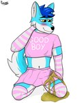 anthro belly_exposed blue_body blue_fur blush bodily_fluids bottomwear bulge clothed clothing crop_top crossdressing erection femboy fur genital_fluids genitals good_boy hair legwear looking_away male male_peeing navel orange_eyes peeing peeing_while_erect penis pink_clothing shirt shy simple_background sitting_on_knees skirt sleeves smile solo tail thigh_highs topwear urine urine_on_body urine_stream watersports wetting white_background pucaet canid canine fox mammal 3:4 hi_res