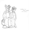 anthro clothed clothing copyright_symbol duo fully_clothed half-closed_eyes jacket male narrowed_eyes shirt simple_background smile symbol t-shirt topwear white_background cirruskitfox copyright ericskunk kendall_(sirkain) name bassariscus mammal mephitid procyonid ring-tailed_cat skunk 2001 monochrome sketch