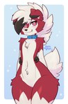 anthro biped blush collar deathhawk femboy fur male red_body red_eyes red_fur short_tail smile solo tail white_body white_fur toxicmilkyx nintendo pokemon canid canine generation_7_pokemon lycanroc mammal midnight_lycanroc pokemon_(species) hi_res