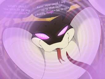 dialogue feral hypnosis hypnotic_eyes looking_at_viewer male mind_control ringed_eyes scales serpentine simple_background smile snake_hood solo speech_bubble tail text tongue tongue_out katauni ajinn_(ghost_forger) demon reptile scalie snake 4:3 absurd_res digital_media_(artwork) english_text hi_res