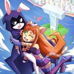 anthro blush clothing duo female flying hair hood hug leotard long_hair midriff one_eye_closed outside sea smile toony town water wink vincentowo cartoon_network dc_comics teen_titans teen_titans_(television_series) bunny_raven cat_starfire raven_(dc) starfire_(teen_titans) domestic_cat felid feline felis lagomorph leporid mammal rabbit 1:1