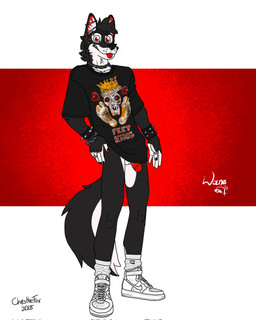 anthro balls black_body black_fur boots chain chain_necklace clothing ear_piercing ear_ring ears_up facial_piercing footwear fur genitals hand_on_hip jewelry looking_at_viewer male necklace nose_piercing nose_ring penis penis_poking_out piercing red_eyes ring ring_piercing shoes socks solo spikes standing tail text text_on_clothing tongue tongue_out white_body white_fur bartek22 wayne_(bartek22) canid canine canis mammal wolf hi_res