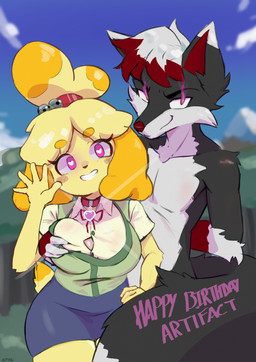 anthro big_breasts black_body black_fur bottomwear brainwashing breasts clothed clothing collar collar_tag collared_shirt corruption dominant dominant_male dress_shirt duo eyelashes female floppy_ears fondling forest fur glistening glistening_jewelry glistening_necklace glowing glowing_eyes green_clothing hair hand_behind_back hand_on_breast hand_on_hip happy heart_eyes heart_symbol heart_tag hypnosis jewelry looking_at_viewer magic male male/female mind_alteration mind_control necklace pink_eyes plant shirt sky smug standing submissive submissive_female text topwear tree white_body white_fur white_hair wide_hips yellow_body yellow_fur heptaofspades animal_crossing nintendo artifact_the_fox isabelle_(animal_crossing) canid canine fox mammal hi_res