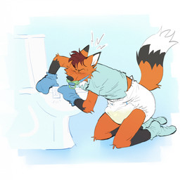 ambiguous_gender anthro bathroom_control bathroom_denial black_nose blue_clothing blue_footwear blue_handwear blue_mittens blue_shirt blue_topwear blush bodily_fluids booties brown_body brown_fur clothed clothing desperation diaper diaper_fetish dipstick_tail eyes_closed footwear fur gag genital_fluids gloves_(marking) hair handwear kneeling lock locked_toilet markings mittens multicolored_body multicolored_fur multicolored_tail object_in_mouth orange_body orange_fur pacifier pacifier_gag pacifier_in_mouth pointy_ears red_hair shirt simple_background solo struggling sweat sweatdrop tail tail_markings toilet topwear unclean_diaper urine used_diaper wearing_diaper wet_diaper wetting wetting_diaper white_body white_fur white_tail_tip slusheep rye_(ominousfurry210) canid canine fox mammal 2023 hi_res male_(lore)