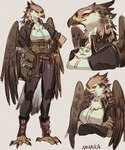 amber_eyes anthro beak black_body black_feathers bottomwear brown_body brown_feathers claws clothed clothing crossed_arms feathered_wings feathers feet female multicolored_body multicolored_feathers multiple_angles orange_eyes pants pouches pupils shirt simple_background slit_pupils smile solo talons toes topwear white_body white_feathers wings nonoka917 avian bird 2024 artist_name digital_media_(artwork) hi_res portrait