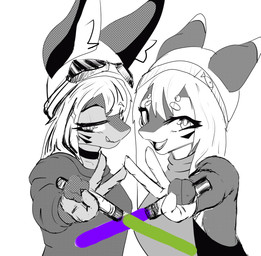 anthro choker clothed clothing duo female female/female gesture glowstick hand_gesture jewelry necklace smile smiling_at_viewer standing sweater topwear v_sign virgin_killer_sweater waffled_vixen meme_clothing aquatic cetacean dolphin fish mammal oceanic_dolphin orca shark toothed_whale meme