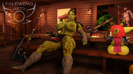 5_fingers amber_eyes areola armor axe bandage belly berserker big_breasts big_butt big_ears biped blush boots bottomwear breasts butt chainmail clothed clothing ear_piercing ear_ring fantasy female female_humanoid fingers footwear genitals giant_hammer greataxe green_body hair hairy_vulva hammer hand_on_hip holding_object holding_weapon inside loincloth looking_at_viewer markings muscular muscular_female muscular_humanoid nipple_piercing nipples oversized_weapon paladin piercing red_hair ring_piercing shoes shortstack sitting slightly_chubby socks solo stirrup_socks tavern thick_thighs tools tribal tribal_markings unconvincing_armor weapon palewdas_arts palewdasarts_(modeler) karah_(palewdasarts) mina_(palewdasarts) goblin humanoid orc 16:9 3d_(artwork) digital_media_(artwork) hi_res widescreen