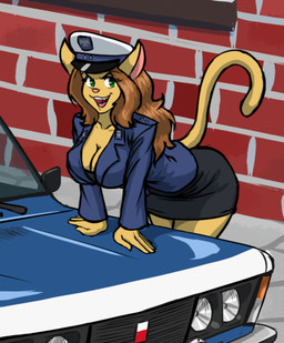 anthro apartment_building blue_clothing bottomwear breasts brown_hair car clothed clothing commie_block detailed_background eyebrows eyelashes fangs female footwear fur gesture green_eyes hair hat headgear headwear high_heels historical long_hair looking_at_viewer mouth_closed open_mouth pink_nose plant poland police police_hat police_uniform polish_people's_republic shirt shoes shrub skirt smile solo tail teeth teeth_showing text topwear uniform vehicle yellow_body yellow_fur chisheq fiat fiat_125p aneta_(chisheq) domestic_cat felid feline felis mammal 2024