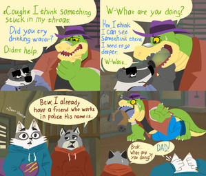 4_fingers anthro anthro_pred anthro_prey belly black_nose bodily_fluids bottomwear clothing dialogue fingers green_body grey_body hat headgear headwear hoodie humanoid_hands male overweight overweight_male pants shirt surprised sweat text topwear unwilling_pred vore white_body willing_prey bencomedion beastly_crimes beastly_crimes_(2024) brok_the_investigator cowcat_games badgercat brok_(brok_the_investigator) chief_badger graff_filsh alligator alligatorid badger crocodilian domestic_cat felid feline felis mammal mustelid musteline reptile scalie 2026 comic english_text hi_res