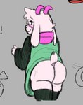 anthro aroused big_butt blush blush_lines butt clothing eyewear glasses legwear looking_at_viewer looking_back male presenting presenting_hindquarters rear_view robe scarf simple_background simple_eyes solo tail thick_thighs thigh_highs fembunns deltarune undertale_(series) ralsei bovid caprine goat mammal 2024 low_res