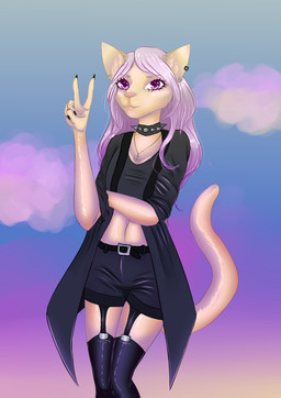 5_fingers anthro belt biped bottomwear clothing cloud coat collar crop_top dark ear_piercing eyebrows eyelashes female fingers flat_chested fur gesture hair hand_gesture jewelry legwear long_hair mantle navel necklace piercing purple_eyes shirt shorts spiked_collar spikes stockings tail tan_body tan_fur tan_tail thigh_highs topwear v_sign white_eyebrows white_hair felicer domestic_cat felid feline felis mammal 2018 absurd_res hi_res
