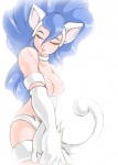 blue_hair clothing collar covering covering_self eyes_closed female gloves hair handwear long_hair solo standing tail noise_(artist) capcom darkstalkers felicia_(darkstalkers) animal_humanoid cat_humanoid domestic_cat felid felid_humanoid feline feline_humanoid felis humanoid mammal mammal_humanoid