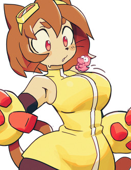 ambiguous_gender anthro arm_warmers armwear blush bodily_fluids breasts brown_hair clothing duo eyebrows eyewear eyewear_on_head female goggles goggles_on_head hair light_body light_skin long_tail looking_at_another open_mouth pawpads pointy_ears red_eyes short_hair simple_background size_difference sleeveless_shirt sleeveless_turtleneck sweat sweatdrop tail thick_eyebrows whiskers wide_hips colo gameoverse glitch_productions gobbles_(gameoverse) kit_bodega dinosaur felid feline mammal prehistoric_species reptile scalie absurd_res digital_drawing_(artwork) digital_media_(artwork) half-length_portrait hi_res portrait