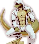 anthro bed claws clothing furniture green_body kemono male moobs muscular muscular_anthro muscular_male scales shadow simple_background solo suit yellow_eyes misokemo lizard reptile scalie