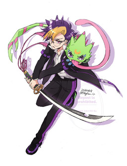 anthro clothing duo eyewear glasses green_body hair katana long_tongue male melee_weapon multicolored_hair suit sword tongue weapon 7thglow_ir bandai_namco digimon digimon_beatbreak tomoro_tenma digimon_(species) gekkomon human mammal scalie hi_res