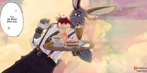 accessory anthro belt beverage bracelet cafe cake coffee desert dessert dialogue dutch_angle ear_piercing ear_ring food jewelry male necktie piercing restaurant ring_piercing smile solo suspenders text waiter spiritd sergei_(spiritd) hare lagomorph leporid mammal rabbit english_text hi_res url