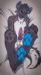 4_toes 5_fingers animal_genitalia animal_penis anthro balls blep blue_pawpads canine_genitalia canine_penis digitigrade ear_piercing feet fingers foot_focus genitals inner_ear_fluff knot looking_at_viewer male markings pawpads penis piercing solo spots spotted_body toes tongue tongue_out tuft underpaw angiewolf mammal 2022