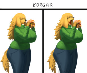 anthro big_breasts black_nose blonde_hair blue_clothing bodily_fluids breasts burger clothed clothed_anthro clothed_female clothing drooling female female_anthro food fur green_clothing hair hair_over_eyes holding_burger holding_food holding_object huge_breasts open_mouth saliva solo tail teeth tongue yellow_body yellow_fur yellow_tail liodimor canid canine canis domestic_dog mammal 2026 absurd_res hi_res